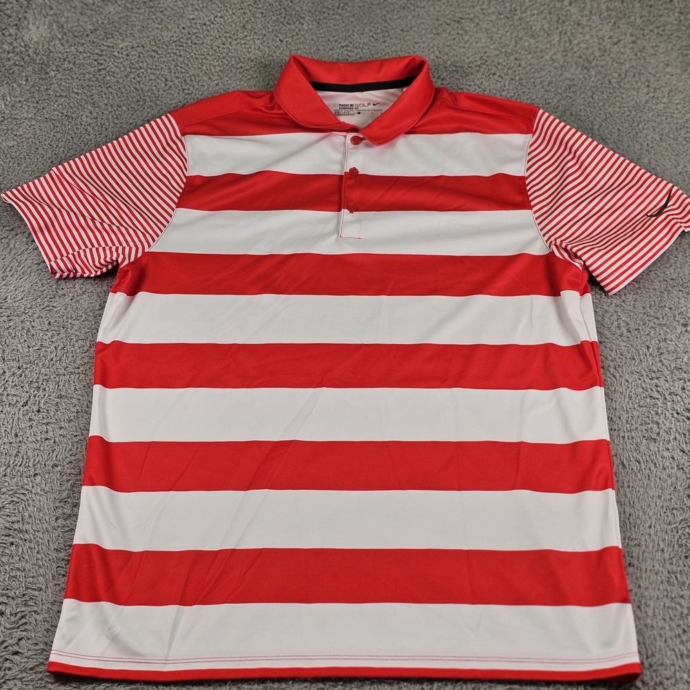 Nike Golf Dri-FIT Polo Shirt Large Red White Stripe Breathe Bold Standard Fit - Picture 2 of 10